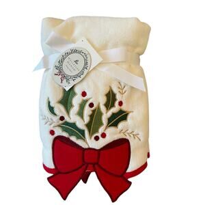 Wellesley Manor Christmas Holly Bow Embroidered Decorative Hand Towel Set of 2